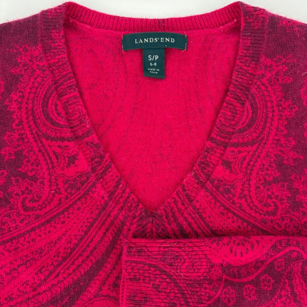 Lands End Cashmere Women's V Neck‎ Paisley Print Sweater Magenta Pink Size S